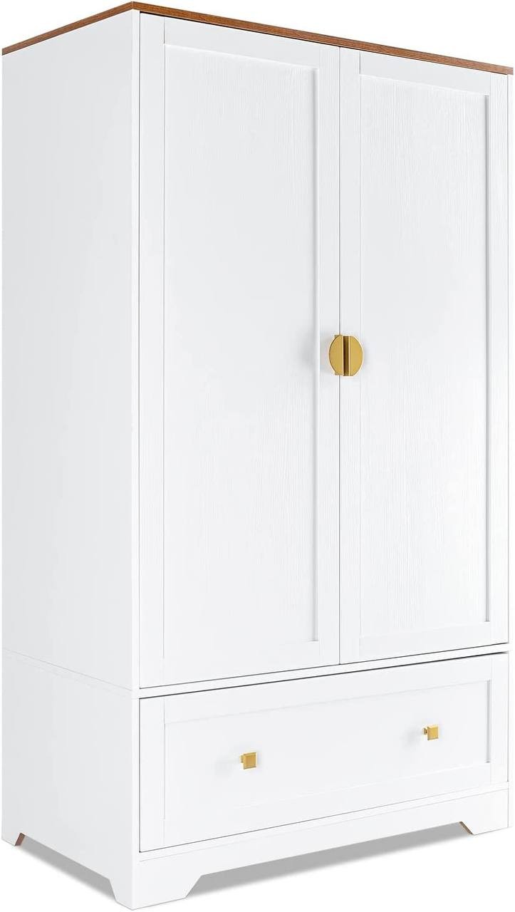 VINGLI Wide White Armoire Wardrobe Closet with Hanging Rod， Shelves and Drawer， Freestanding Closet Wardrobe Cabinet for Hanging Clothes， Armoires and Wardrobes with Doors for Bedroom， Kids' Room 