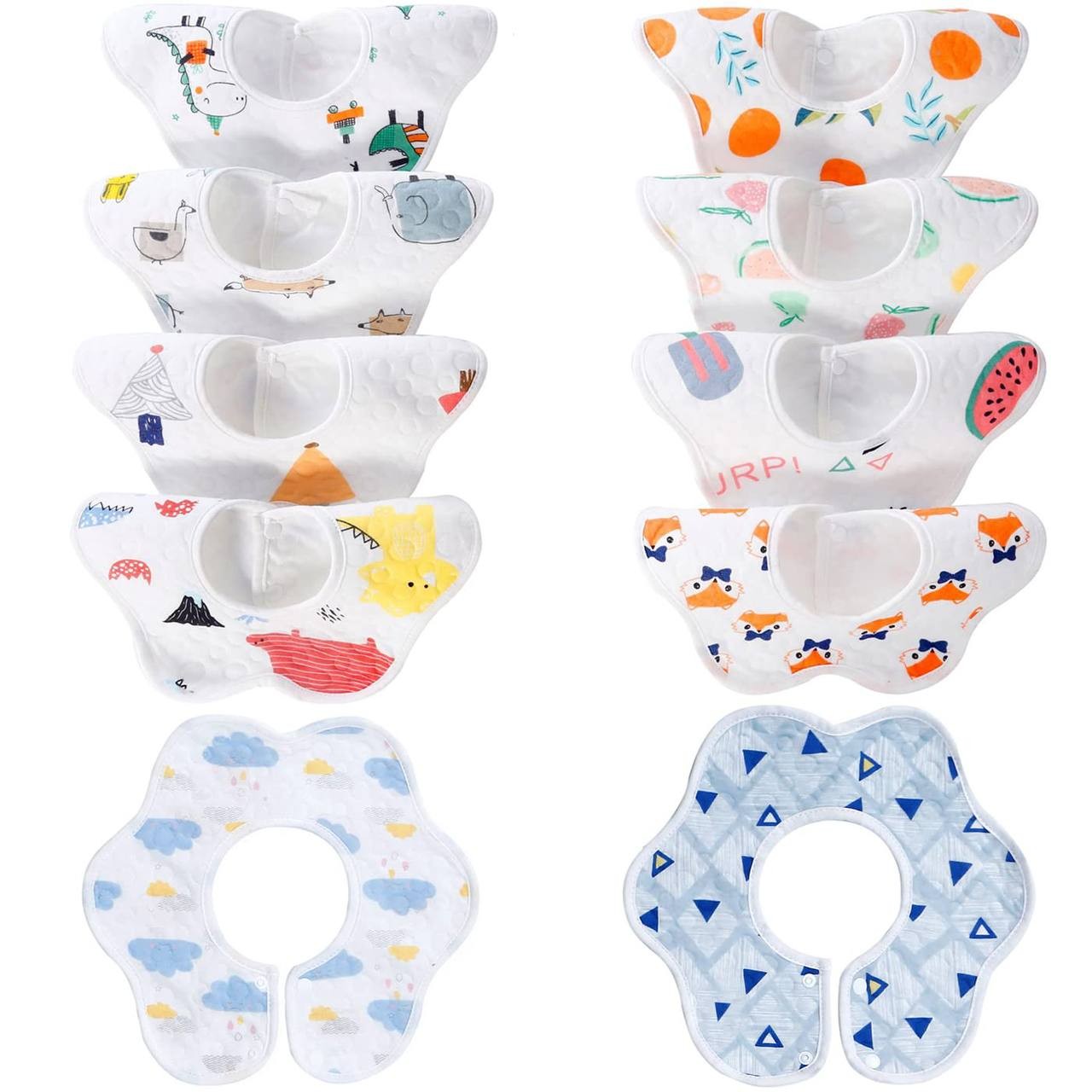 10-Pack 360 Rotate Baby Bibs for Eating and Drooling, Soft and Waterproof Bibs for Girls Boys