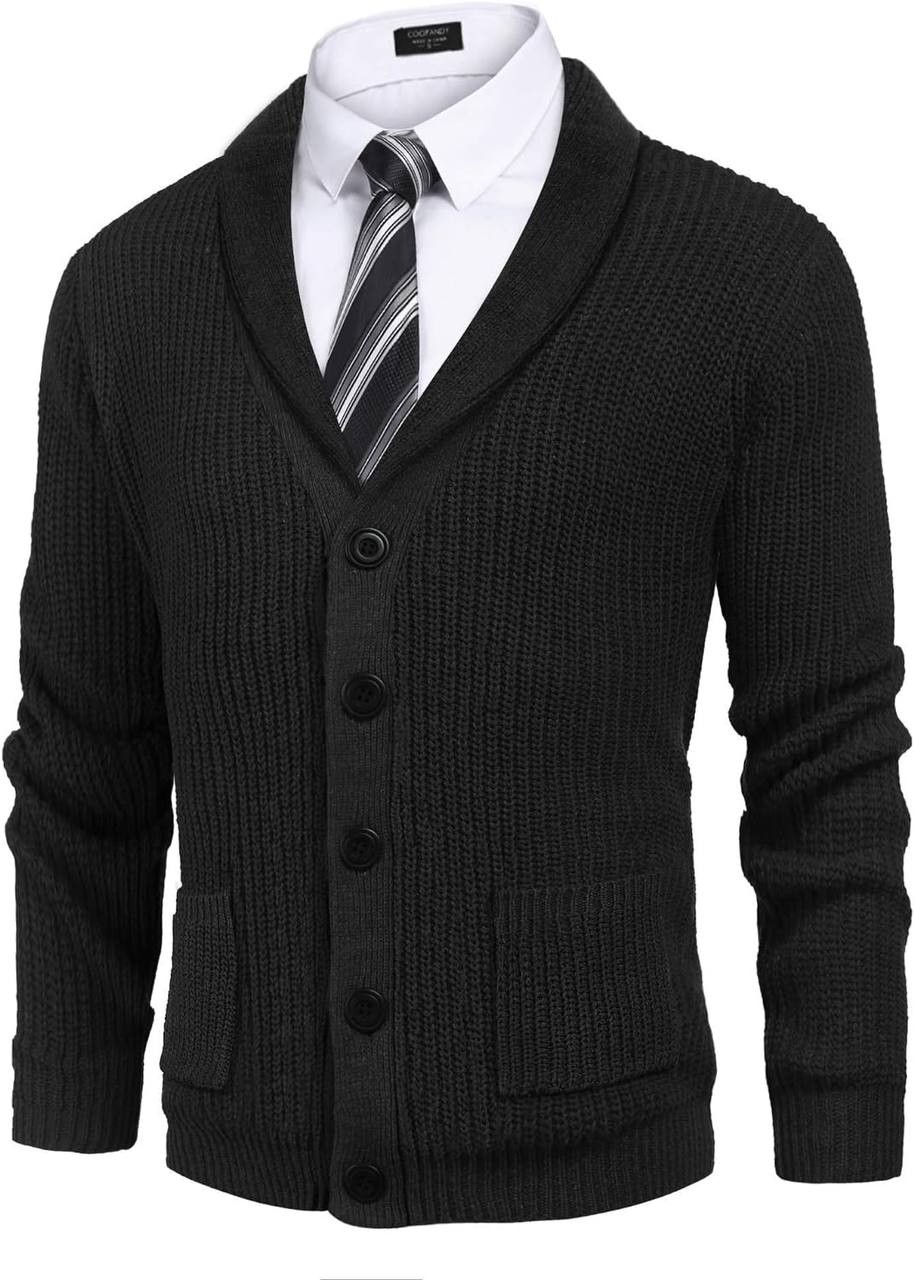 COOFANDY Men's Shawl Collar Cardigan Sweater Slim Fit Cable Knit Button up Sweater with Pockets