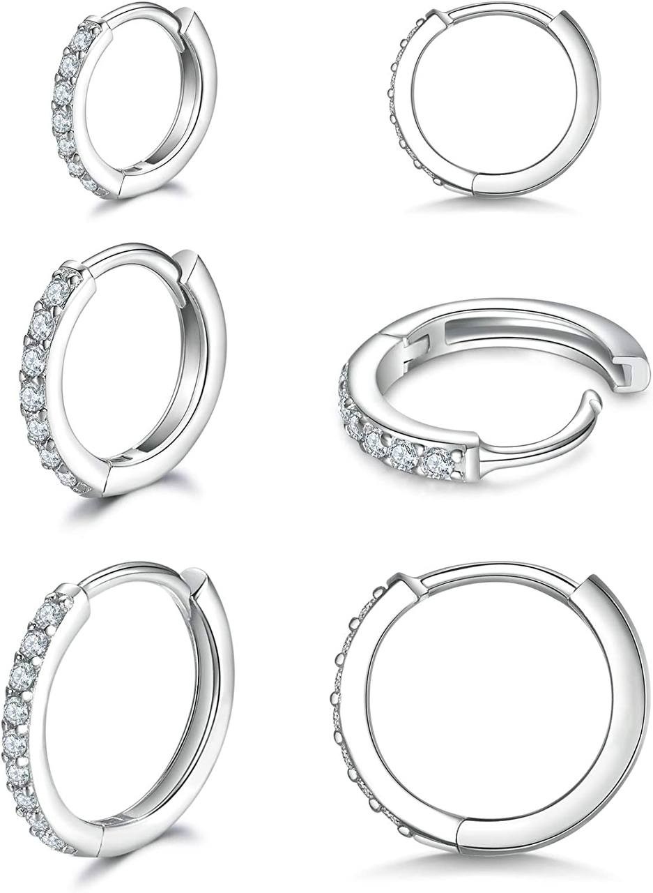 925 Sterling Silver Small Hoop Earrings Cubic Zirconia Huggie Hoop Earrings, 3 Pairs 14K White Gold Plated Cartilage Piercing Earrings Ear Cuff Tiny Hoop Earrings for Women Men