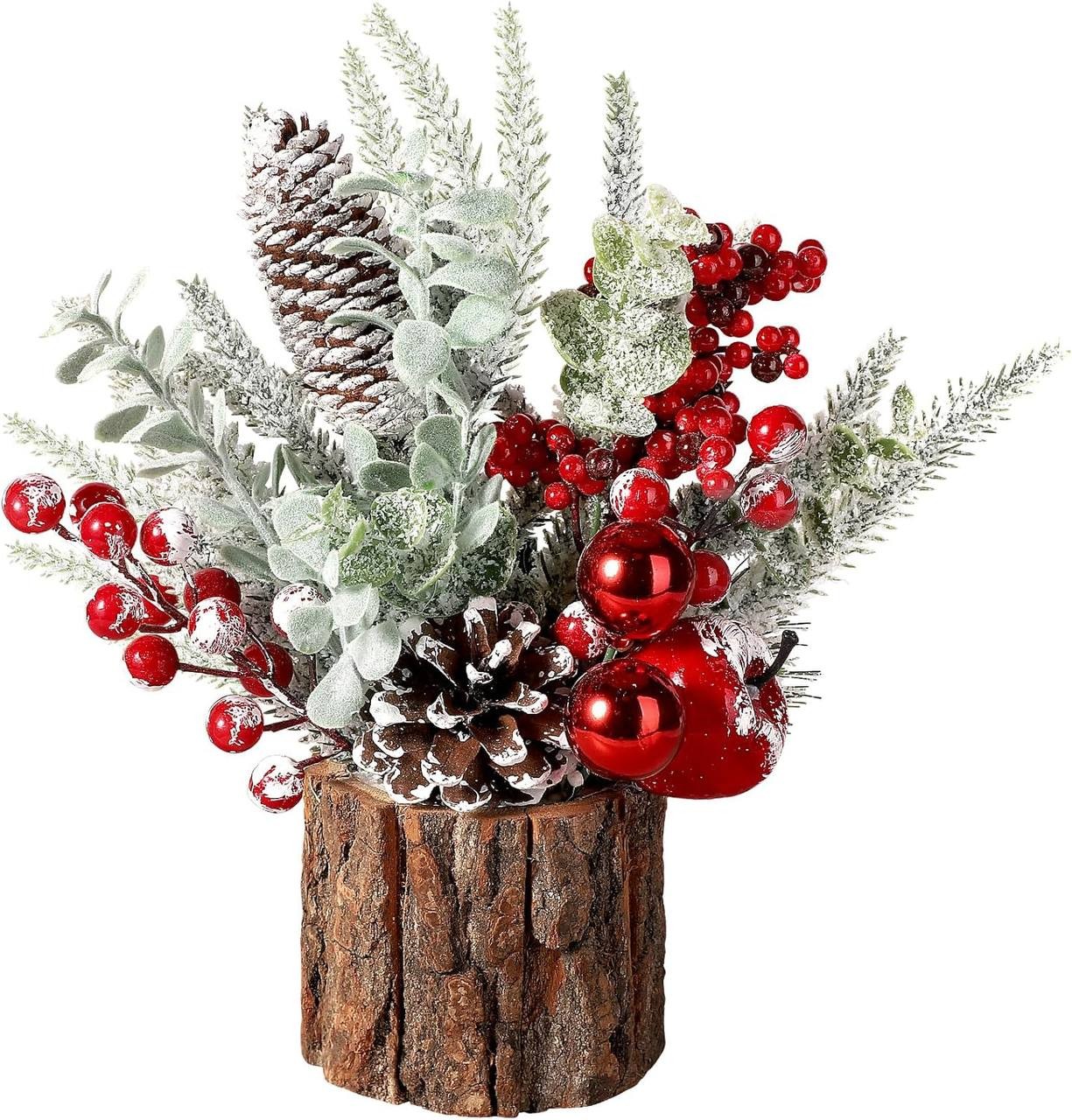 Hatisan Small Christmas Tree, Artificial Christmas Tree with Christmas Ornaments Pine Cone Berry, Tabletop Christmas Tree for Christmas Decorations Home Room Party Winter Indoor Outdoor((Red-Round)