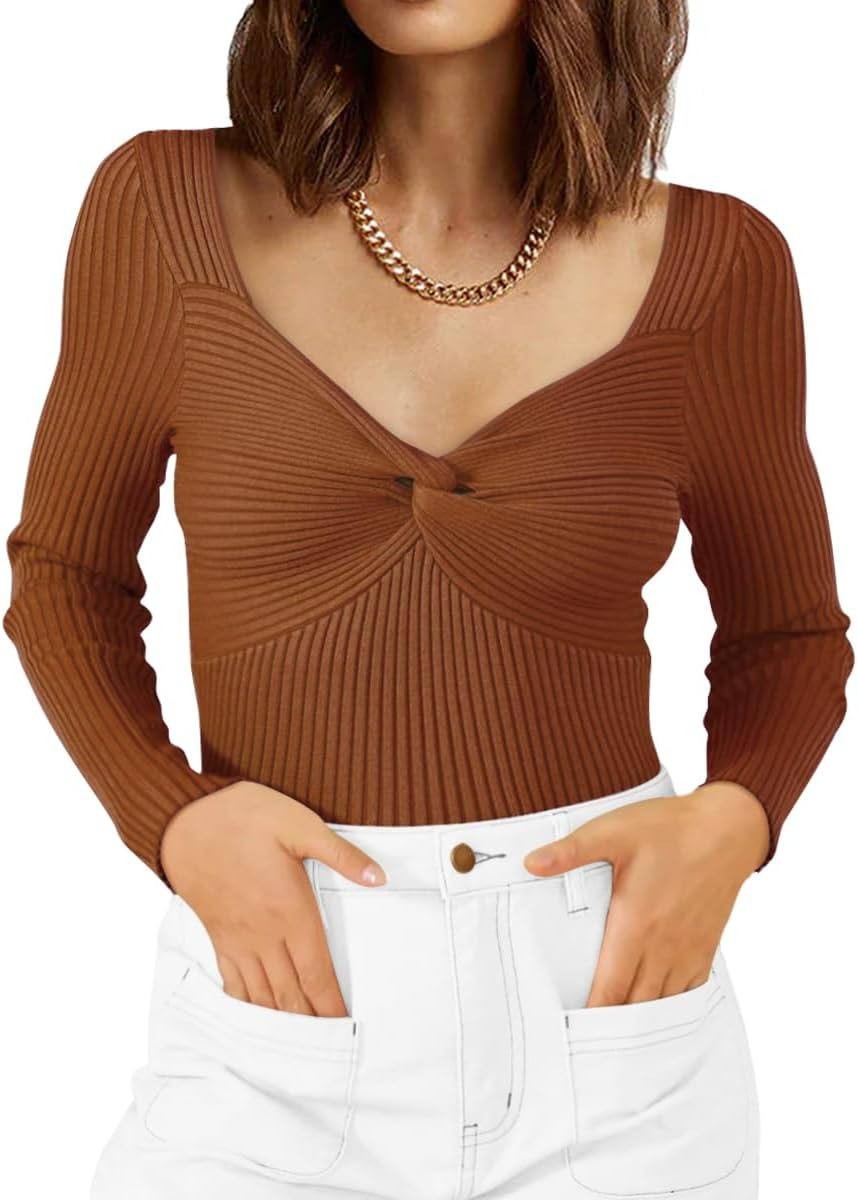 LILLUSORY Women's 2023 Fall Sexy Twist Knot Top Ribbed Knit T Shirts Tops Cute Sweater Long Sleeve Tee Shirt Blouse