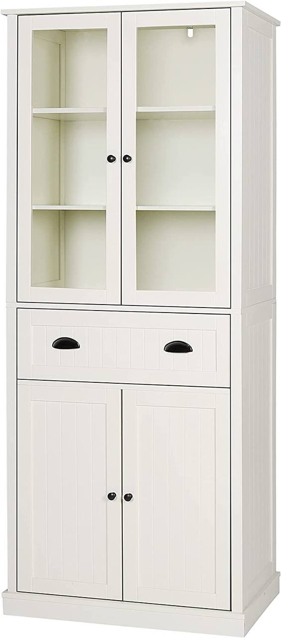 MUPATER Kitchen Pantry Storage Cabinet Microwave Hutch, 72'' Freestanding Hutch Cabinet Buffet Cupboard Tall with Drawer and Doors for Home Kitchen Living Room, Grey