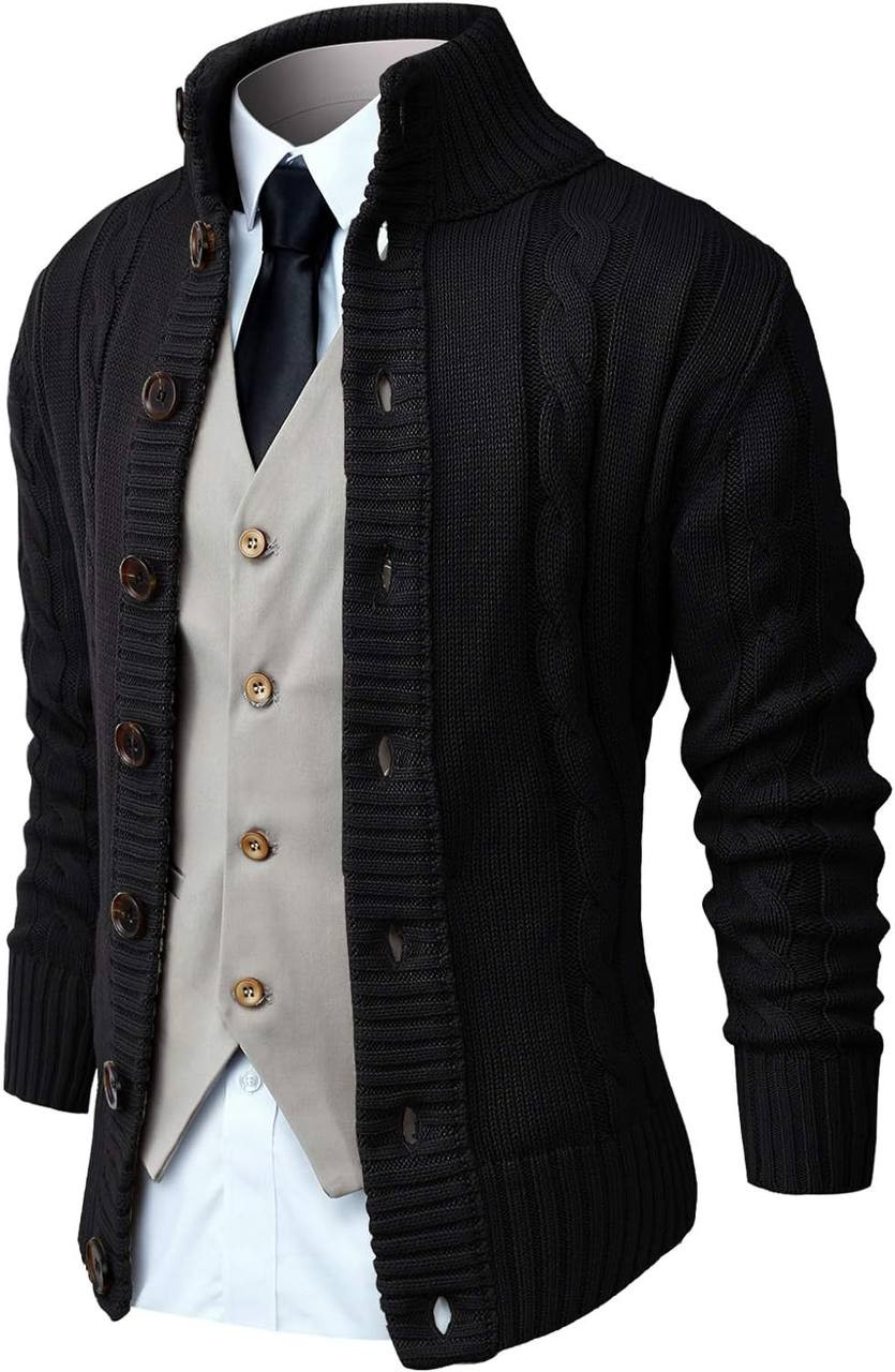 NITAGUT Mens Long Sleeve Stand Collar Cardigan Sweaters Button Down Cable Knitted Sweater