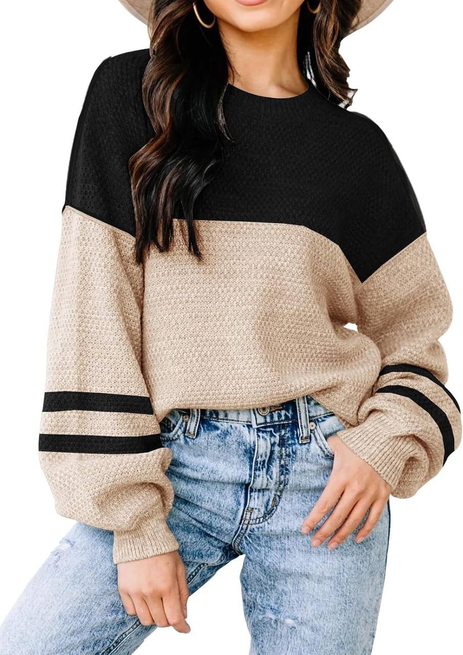 Fall Sweaters for Women 2023 Long Sleeve Striped Oversized Sweaters Trendy Casual Crew Neck Knitted Tops Pullover Jumper