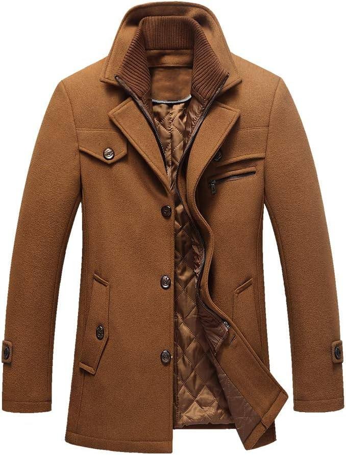 Litteking Men's Winter Pea Coat Casual Woolen Trench Coat Single Breasted Short Wool Jacket