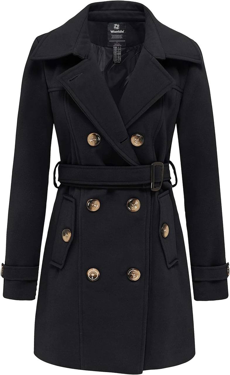 Wantdo Women's Double Breasted Pea Coat Winter Mid-Long Trench Coat with Belt