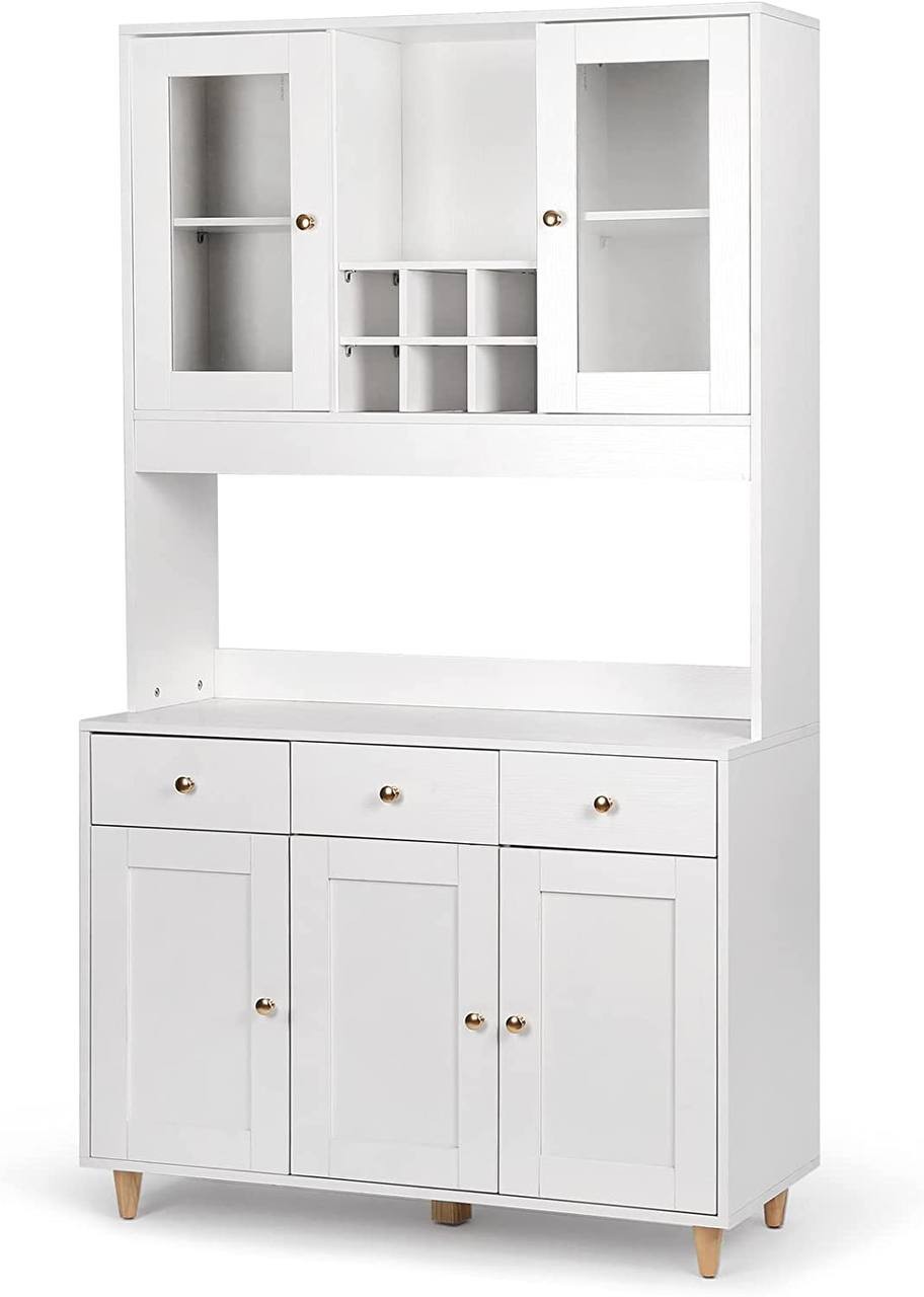 VOWNER 71" Traditional Freestanding Kitchen Pantry Storage Cabinet， Pantry Cabinet with 3 Drawers and 5 Storage Cabinets， White