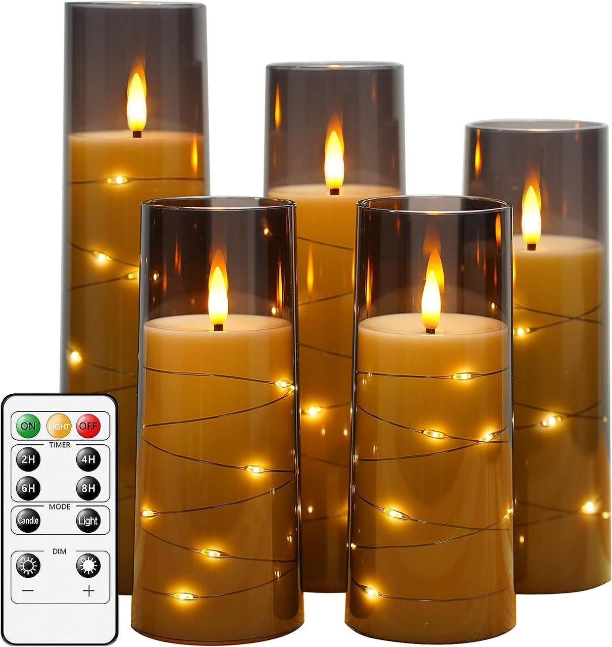 kakoya Flameless LED Candles with Timer 5 Pc Flickering Flameless Candles for Romantic Ambiance and Home Decoration Durable Acrylic Shell,with Embedded Star String，Battery Operated Candles（Grey）