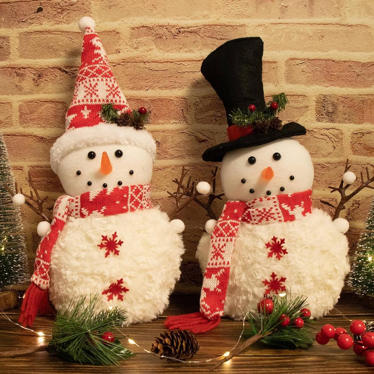 RTSSUT 2 Pack Christmas Plush Snowman Tabletop Doll Decorations, Smart Christmas Ornament, Indoor Christmas Figurines for Home Table Kitchen Dining Party