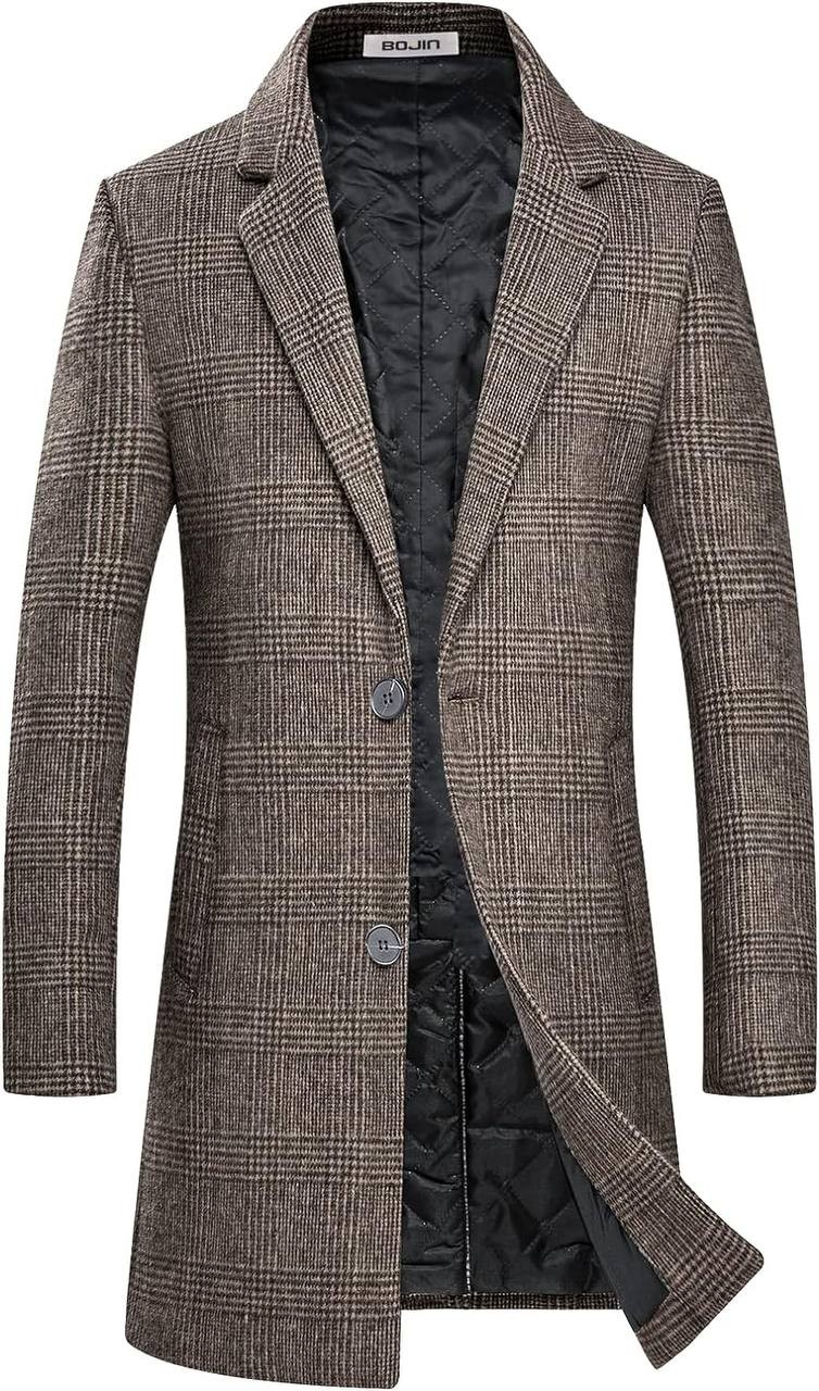 BOJIN Mens Trench Coat Wool Blend Top Pea Coat Winter Long Single Breasted Classic Stylish Business Overcoat
