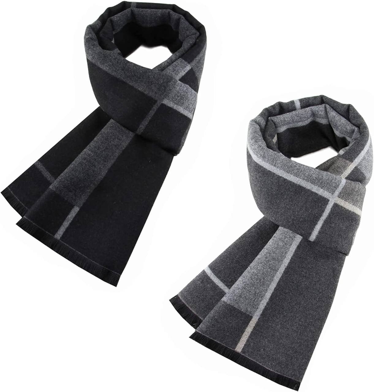 2 Packs Cashmere Feel Men Scarf for Winter, Lattice Grid Plaid Stripe Argyle Windowpane Designs Selection Husband Father Gift