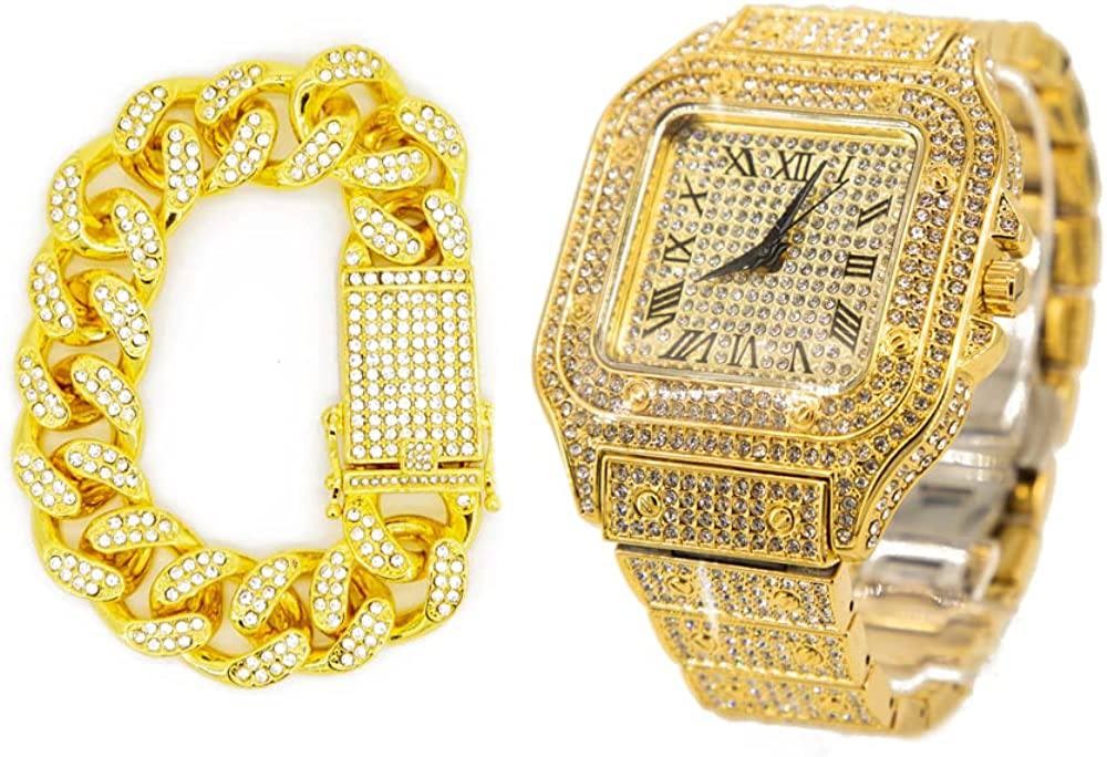 Staib Hip Hop Fashion Bling Iced Out Watch Unisex Rectangle Case Stainless Steel Quartz Crystal Watch Luxury Gold/Silver Wristwatch