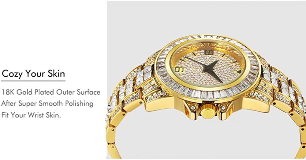 HUNRUY Mens Womens Iced-Out Watch Gold Plated Diamond Unisex Quartz Wristwatch