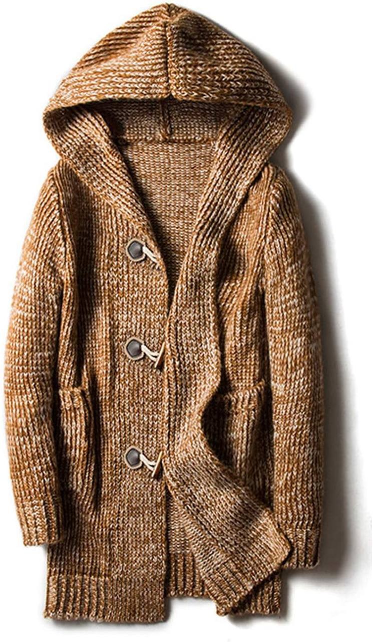 Omoone Men's Casual Loose Horn Button Up Mid Long Hooded Cardigan Sweater
